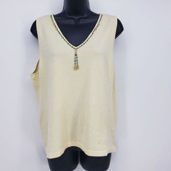 R&K Knitted Beaded Tank Top Sweater Blouse Size 16 Yellow V-Neck - Picture 2 of 8